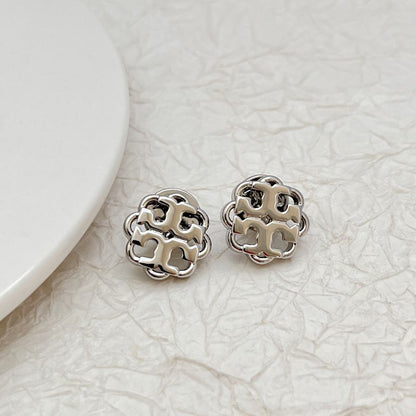 Tory Burch Minimalist Openwork Floral Logo Metal Stud Earrings