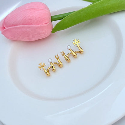 Tory Burch Sweet and Cute Pearl Logo M-Shaped Metal Stud Earrings