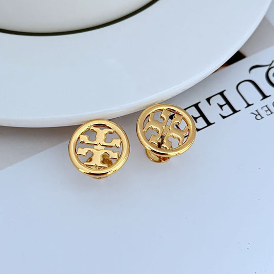 Gold round logo metal stud earrings, openwork design visible from front