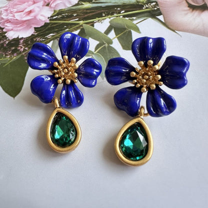 Oscar de la Renta Vintage Floral Enamel and Crystal Stud Earrings