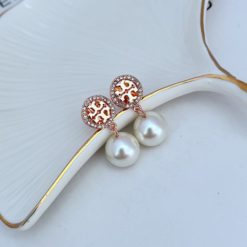 Tory Burch Diamond Round Logo Pearl Pendant Earrings