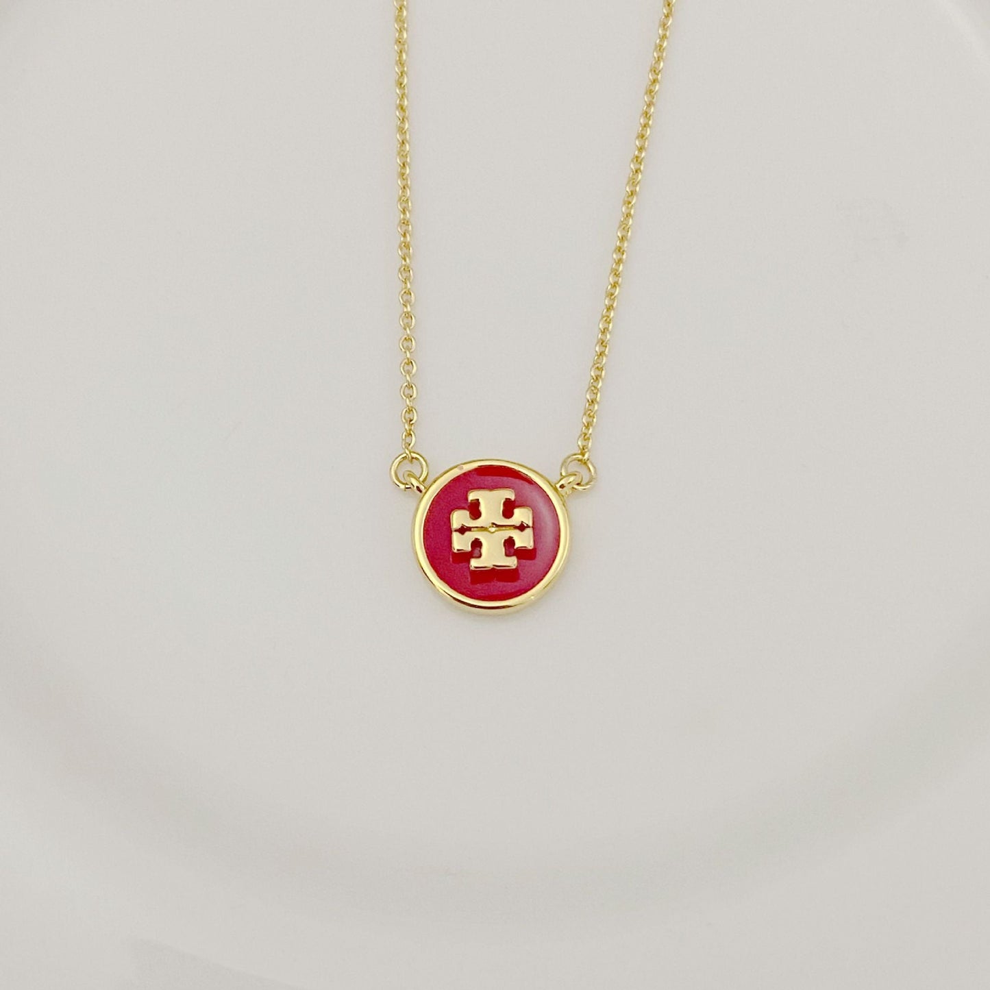 Tory Burch Logo Enamel Round Pendant Necklace