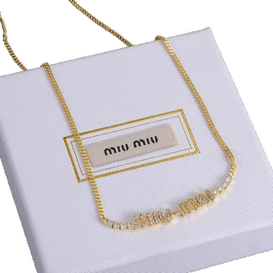 Miu Miu Style Crystal Pave Logo Link Chain Necklace
