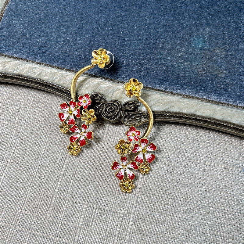 Oscar de la Renta Long Colored Enamel Flower Stud Earrings