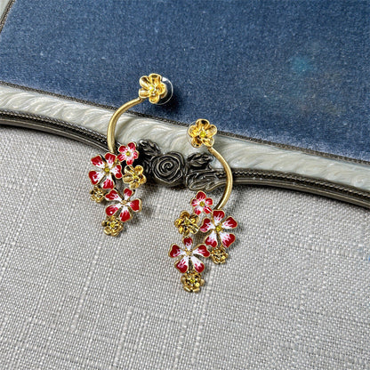 Oscar de la Renta Long Colored Enamel Flower Stud Earrings