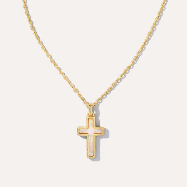 Gold cross pendant necklace with mother-of-pearl inlay and link chain
