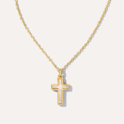 Gold cross pendant necklace with mother-of-pearl inlay and link chain