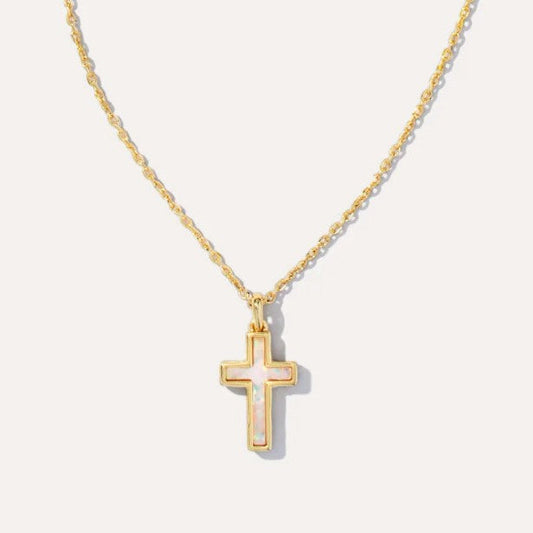 Gold cross pendant necklace with mother-of-pearl inlay and link chain