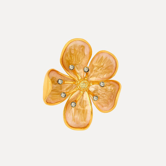 Pale yellow enamel cherry blossom metal brooch with gold-tone petals and rhinestones