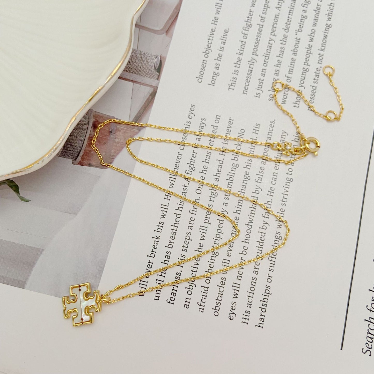 Tory Burch Logo Mother-of-Pearl Pendant Necklace