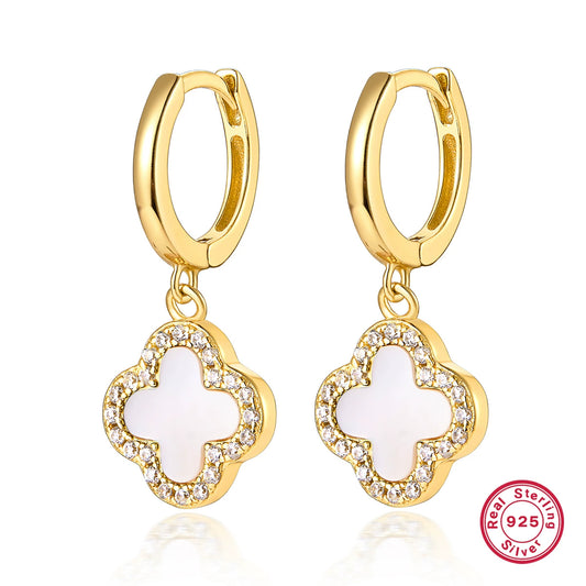 Gold-tone 925 silver hoop earrings with white clover charm and rhinestone border