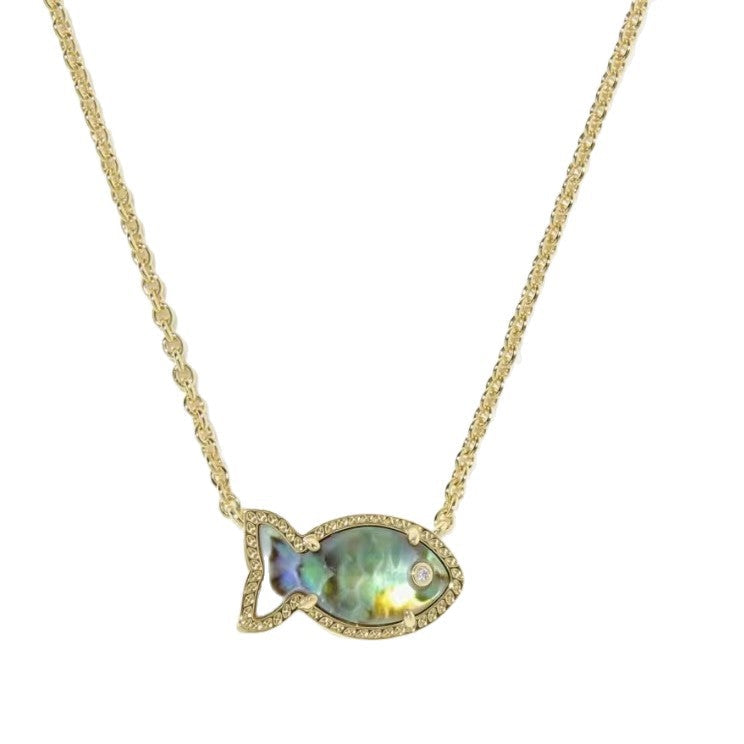 Gold-tone fish pendant necklace with iridescent oval center
