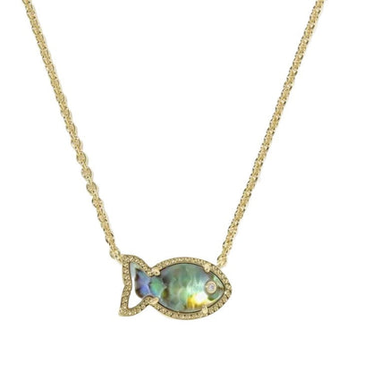 Gold-tone fish pendant necklace with iridescent oval center