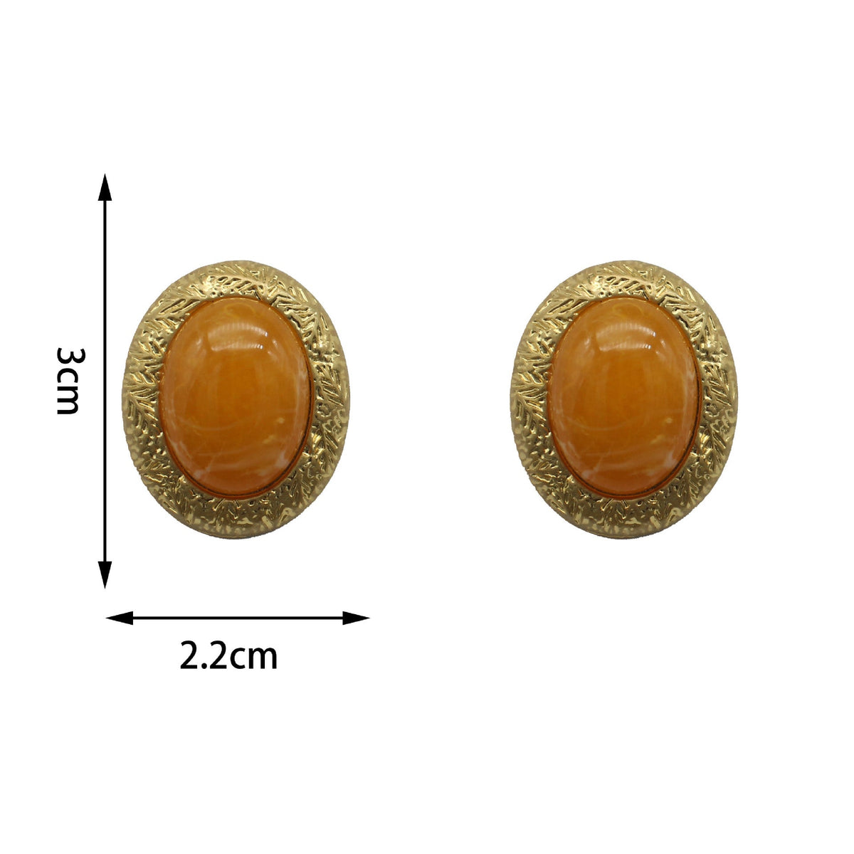 Earring size shown: 3 cm tall, 2.2 cm wide; oval yellow glass cabochon studs