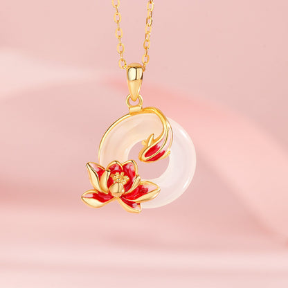 S925 sterling silver necklace with natural white chalcedony peace-knot pendant, gold-tone