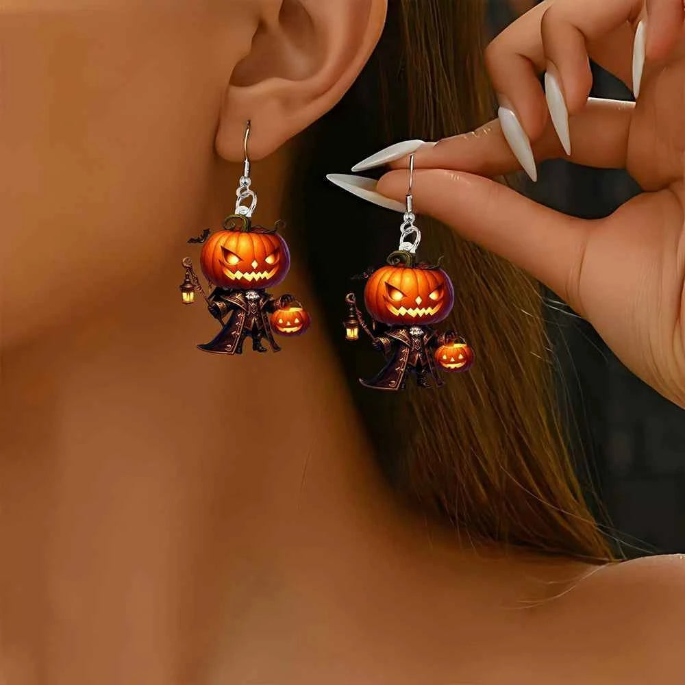S925 Sterling Silver Halloween Earrings with Ghost, Pumpkin, Skeleton Acrylic Pendants