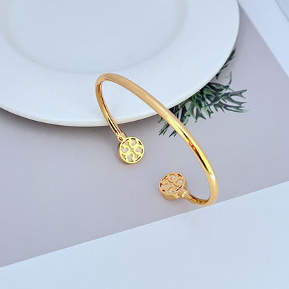 Tory Burch Round Enamel Shell Open Metal Bangle