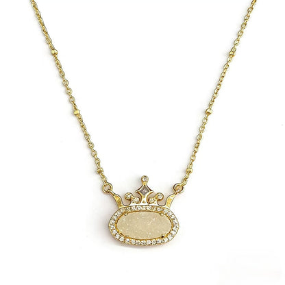 Gold-plated princess crown necklace with light beige oval gemstone and diamond-style halo