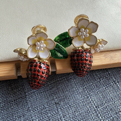 Oscar de la Renta Enamel Flower & Strawberry Pendant Earrings