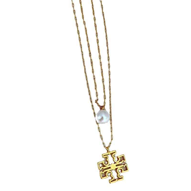 新款时尚轻奢气质优雅甜美镶嵌珍珠镂空字母双层女款精美项链