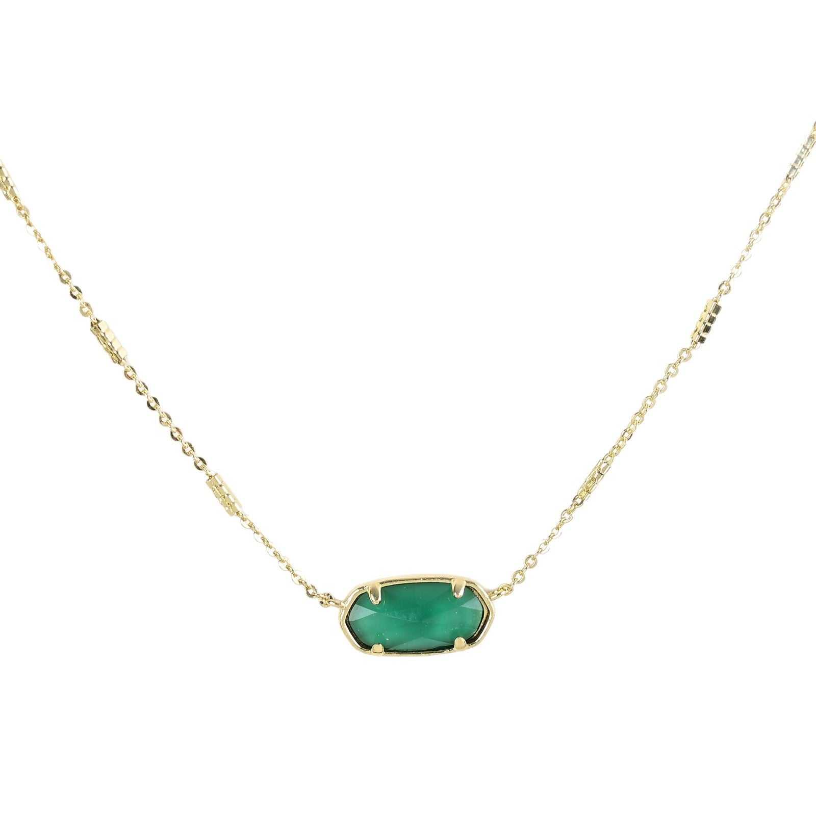 Oval crystal pendant necklace with teal green stone and gold bezel on a gold chain