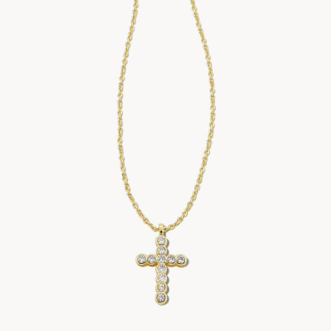 Gold cross pendant necklace with round diamond accents and link chain