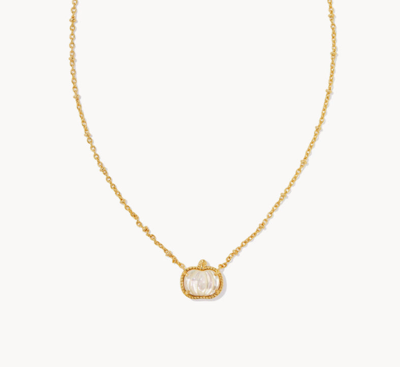 Gold chain necklace with white mother-of-pearl pumpkin pendant