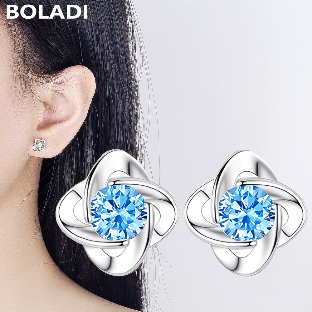 S999 Sterling Silver Lucky Four-Leaf Clover Flower Earrings