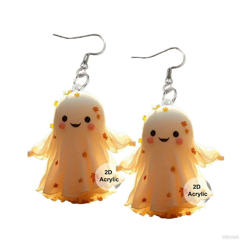 S925 Sterling Silver Halloween Earrings with Ghost, Pumpkin, Skeleton Acrylic Pendants