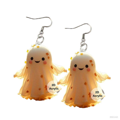 S925 Sterling Silver Halloween Earrings with Ghost, Pumpkin, Skeleton Acrylic Pendants