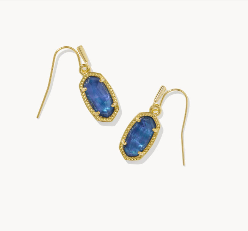 Gold-tone oval crystal drop earrings with hook backs and blue faceted stones
