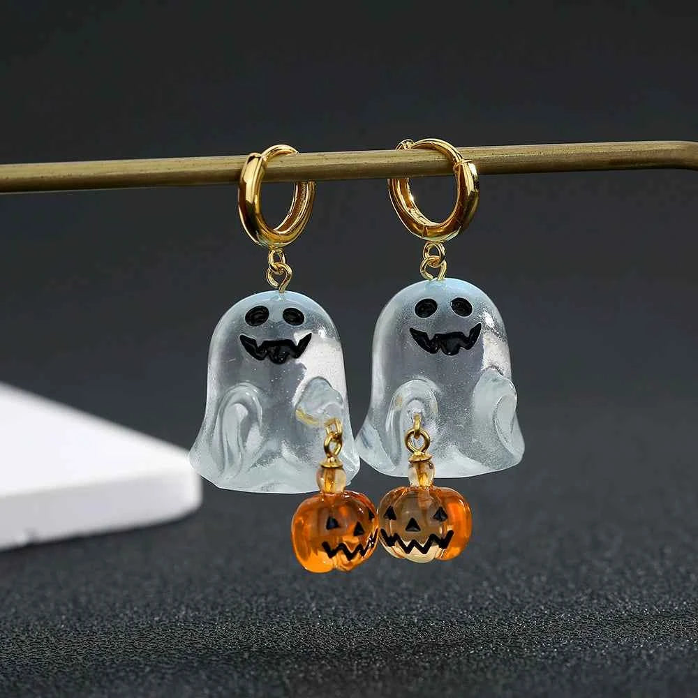 Halloween Hoop Earrings - S925 Sterling Silver with 3D Ghost & Pumpkin Charms