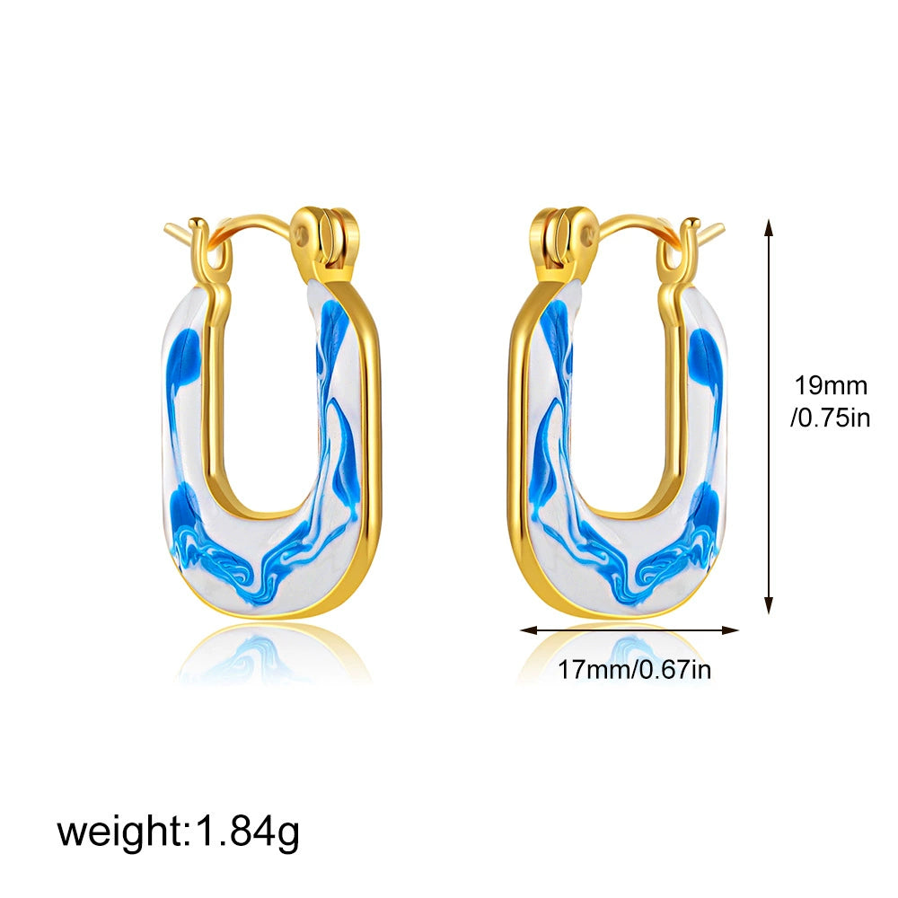 Gold-tone blue marbled statement hoop earrings, 19mm
