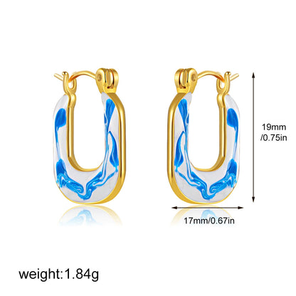 Gold-tone blue marbled statement hoop earrings, 19mm