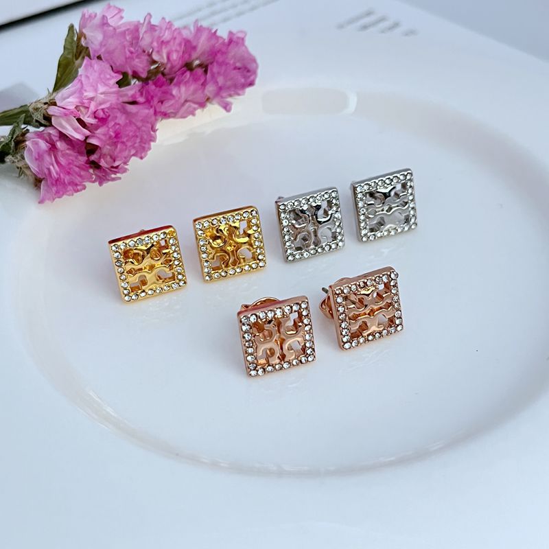 Square rhinestone openwork stud earrings in gold, white gold, and rose gold tones