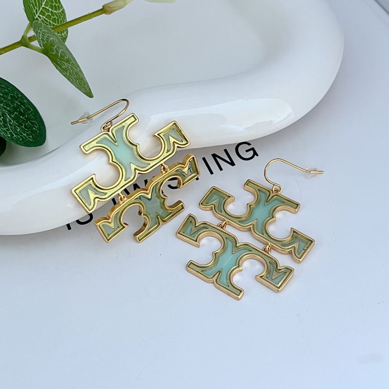 Acrylic logo drop earrings with gold-tone hooks and green cutout letters