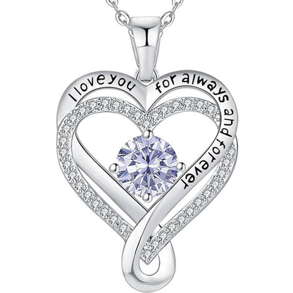 Silver heart pendant necklace with white round gemstone and double-layer heart design