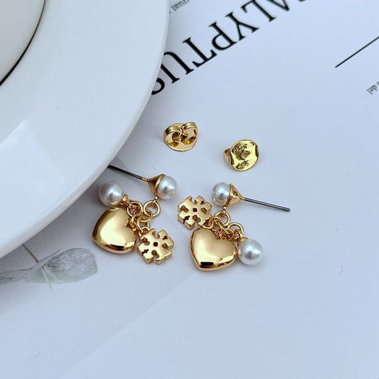 Gold-tone heart and rhinestone dangle earrings with pearl drops and hook posts