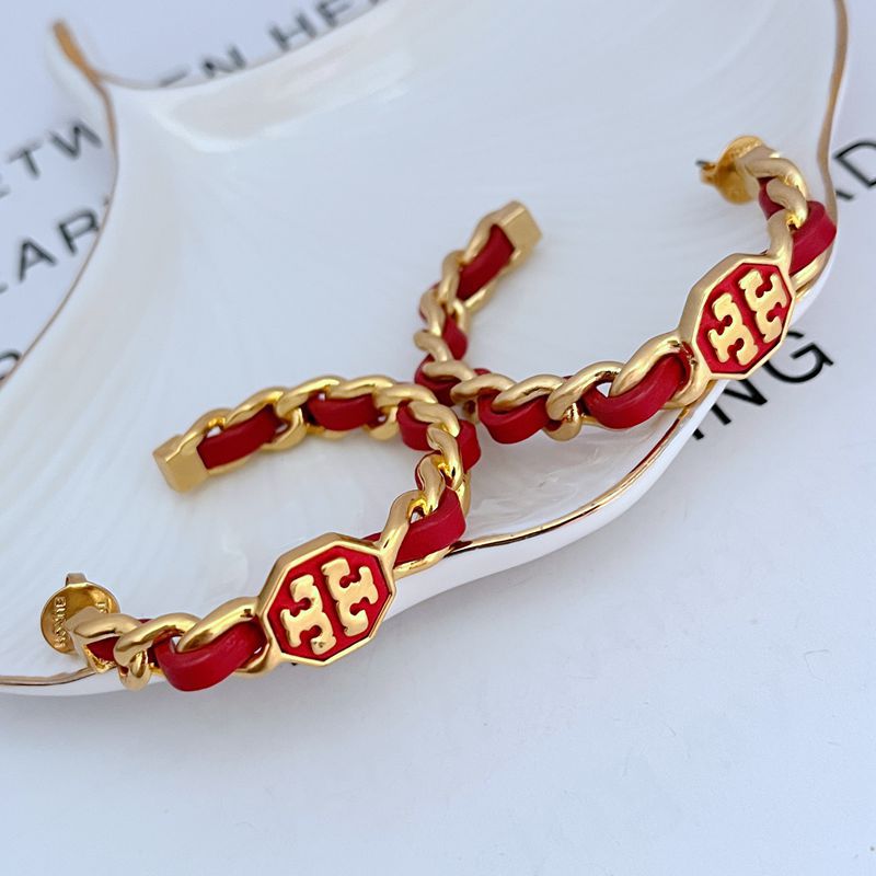 Leather-woven logo hoop earrings with red leather links and gold-tone logo medallions