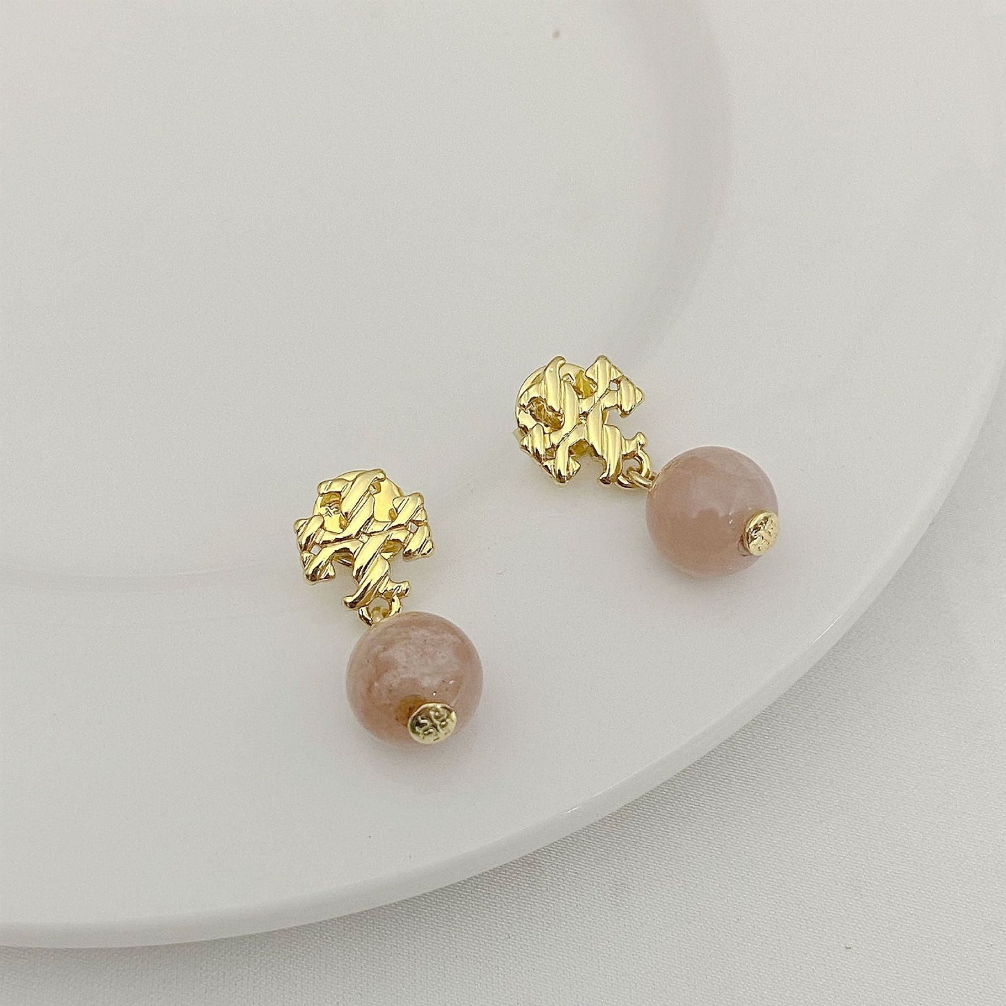 Agate pendant earrings with round pale rose beads and gold-toned textured settings