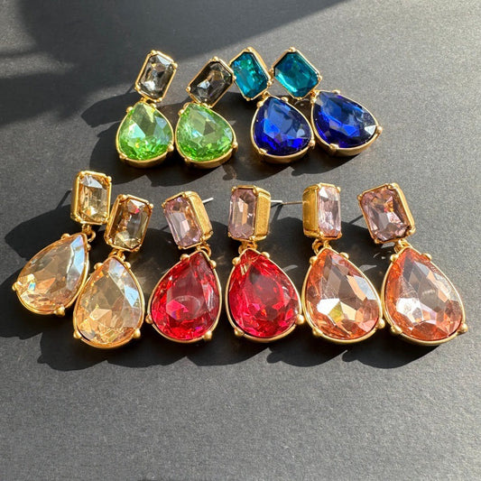 Gold teardrop-cut stud earrings with colorful gemstone drops and square studs