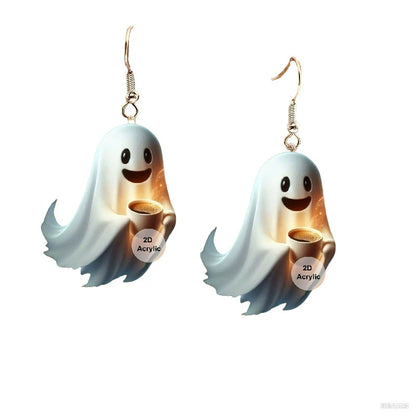 S925 Sterling Silver Halloween Earrings with Ghost, Pumpkin, Skeleton Acrylic Pendants