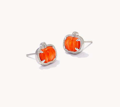 Silver stud earrings with orange pumpkin faces and small clear gem accents