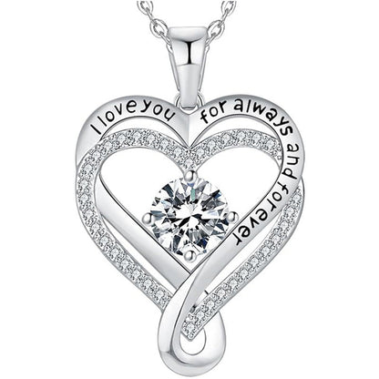 Silver heart pendant necklace with clear round diamond-like gemstone and pave details