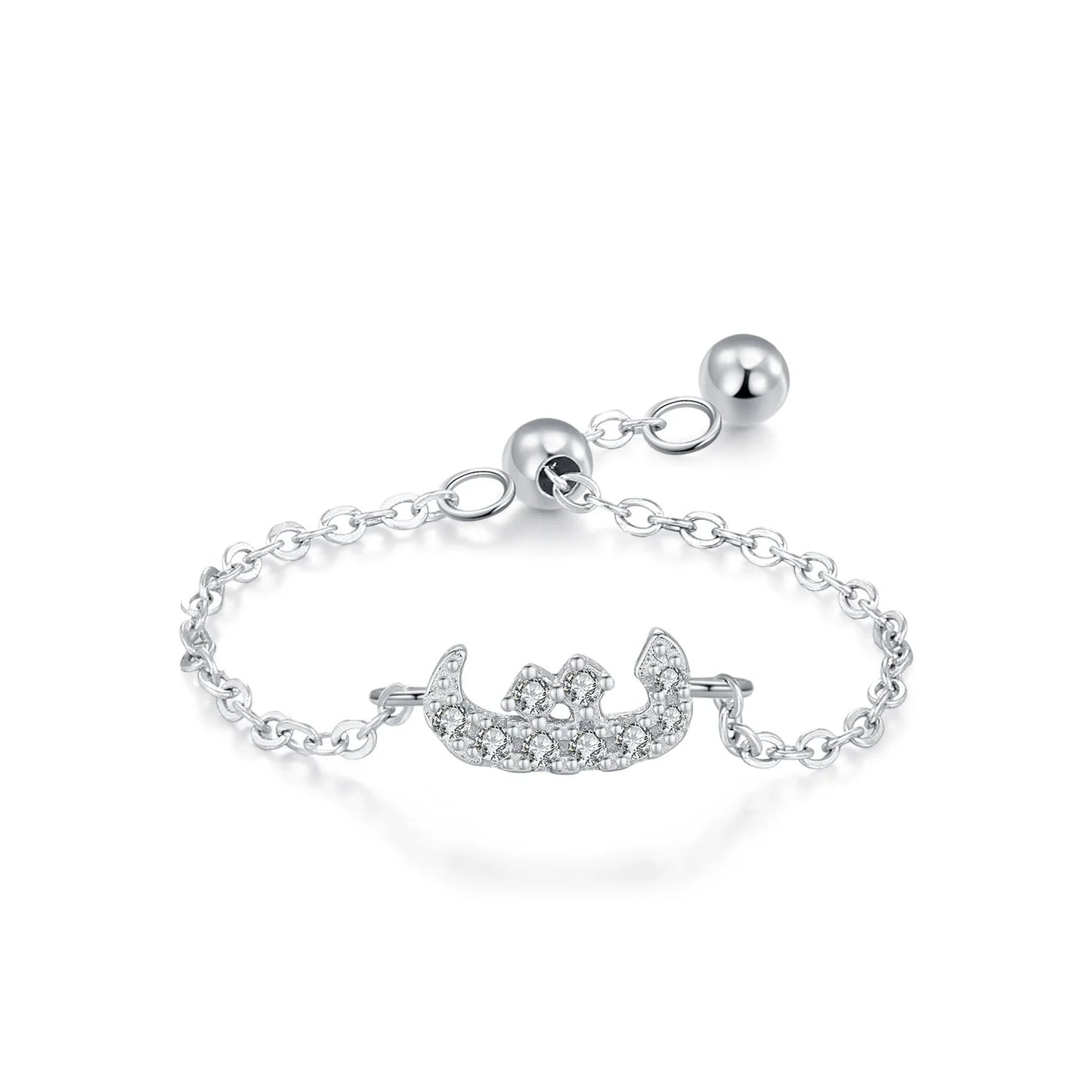 Silver-tone adjustable chain ring with pavé CZ Arabic letter charm and round ball details