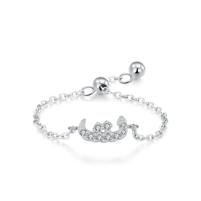 Silver-tone adjustable chain ring with pavé CZ Arabic letter charm and round ball details