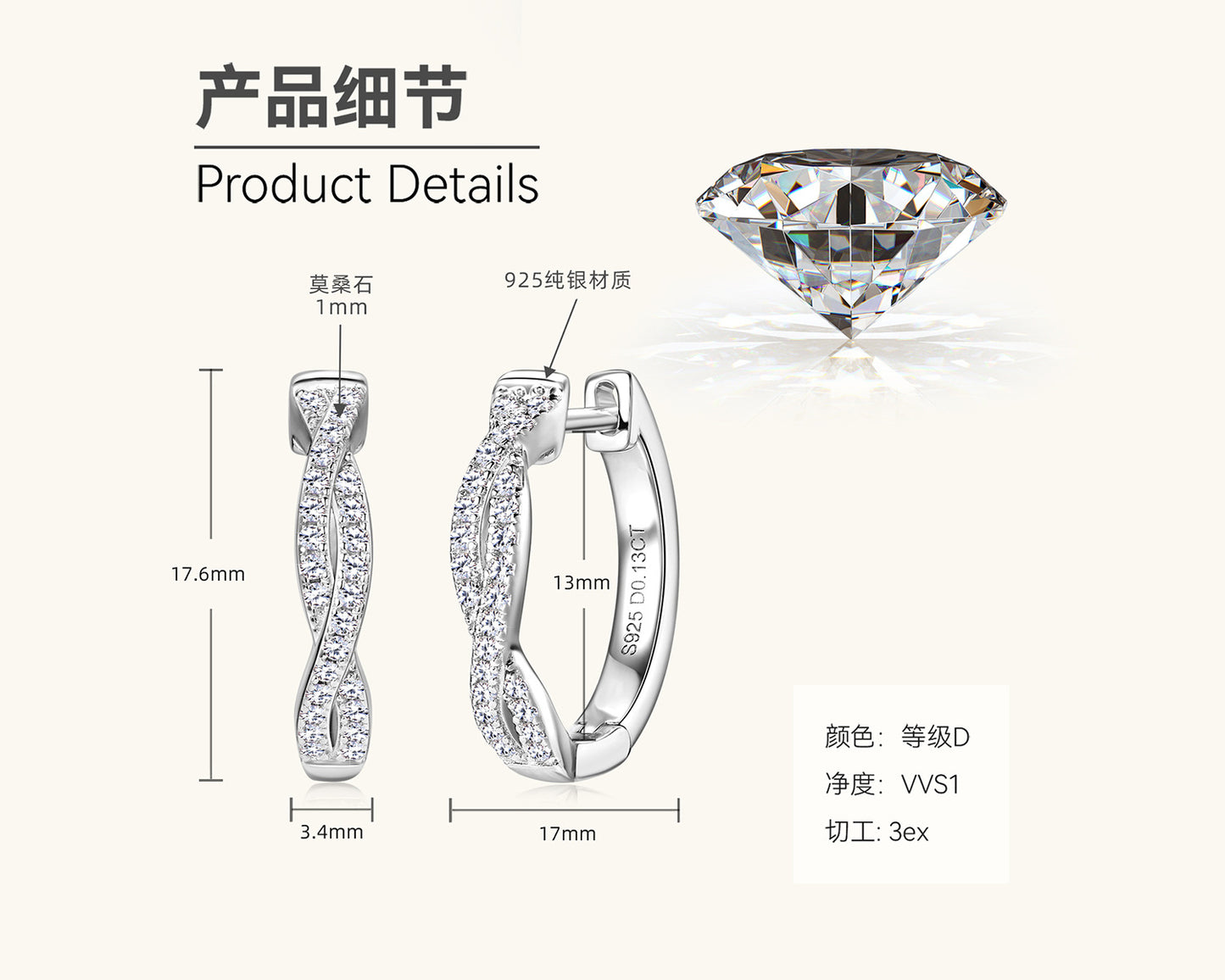 Sterling Silver Twisted Moissanite Huggies