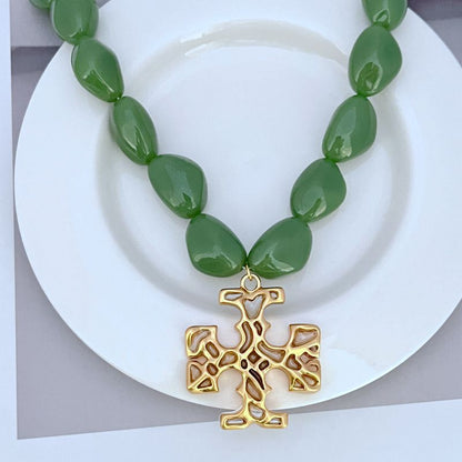 Tory Burch Green Acrylic Logo Pendant Metal Necklace