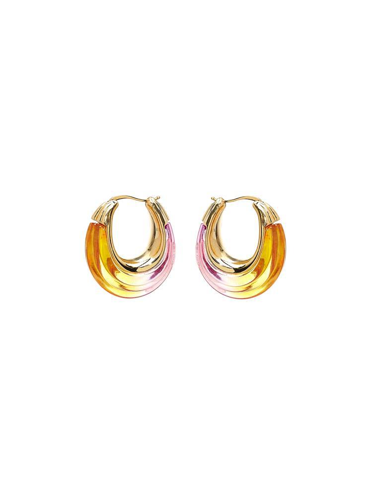 Ombré U-shaped hoop earrings, gold-tone edges; yellow-orange to pink resin gradient