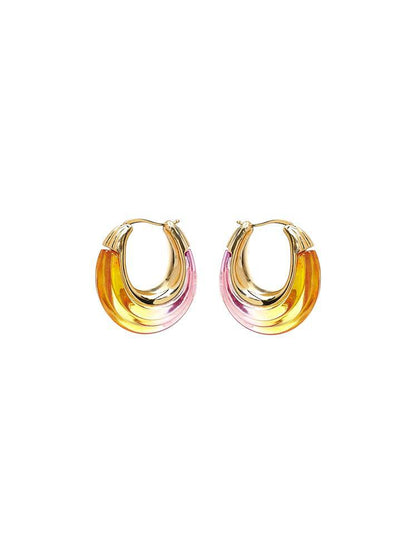 Ombré U-shaped hoop earrings, gold-tone edges; yellow-orange to pink resin gradient